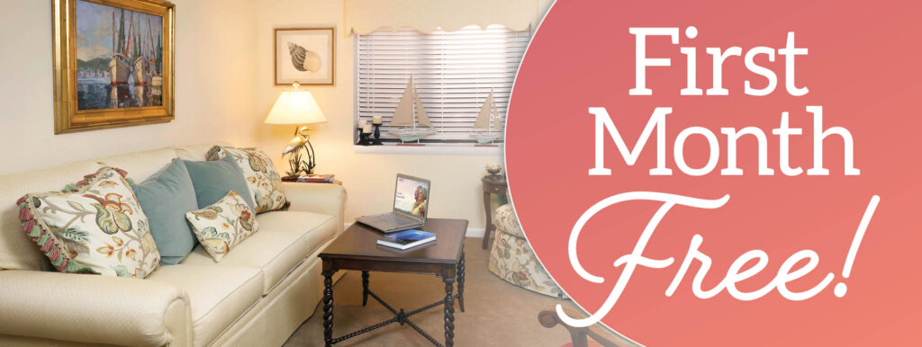 pretty living room with text "First Month Free!"